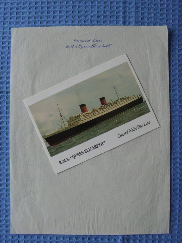UNUSED COLOUR POSTCARD AND WRITING PAPER FROM THE RMS QUEEN ELIZABETH
